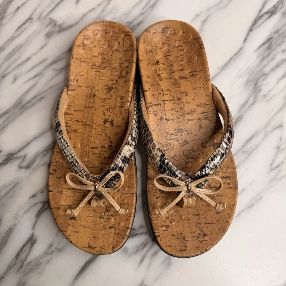 Vionic Cassie Rock Snakeskin Embossed Bow Orthotic Thong Sandals Flip Flops 6